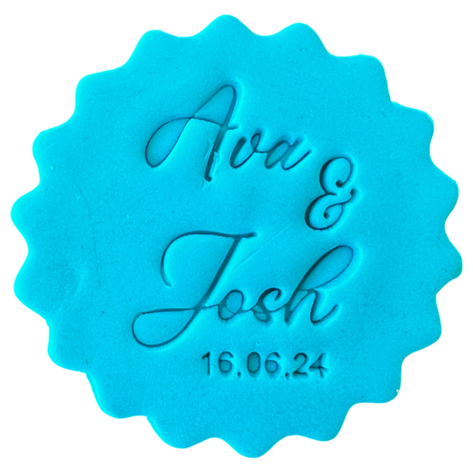 Personalised Wedding Cookie Stamp with Free Scallop Cutter, Collection 1, 5cm Acrylic Biscuit Embosser, Food-Safe Plastic Baking Tool, Fits M&S All Butter Biscuits (Design 2)
