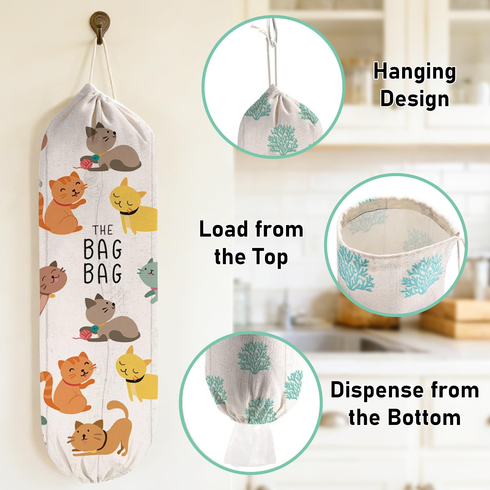 WELLBANEE 2Pcs Cat Plastic Grocery Bag Holder or Dispenser, Bag Holder for Plastic Bags, Cute Cat Plastic Bag Organize - PB003