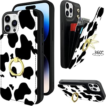 Compatible with iPhone 14 Pro Wallet Case with Card Holder, 360Rotation Finger Ring Holder Kickstand Protective RFID Blocking PU Leather Pattern Double Buttons Flip 6.1" Black Cow