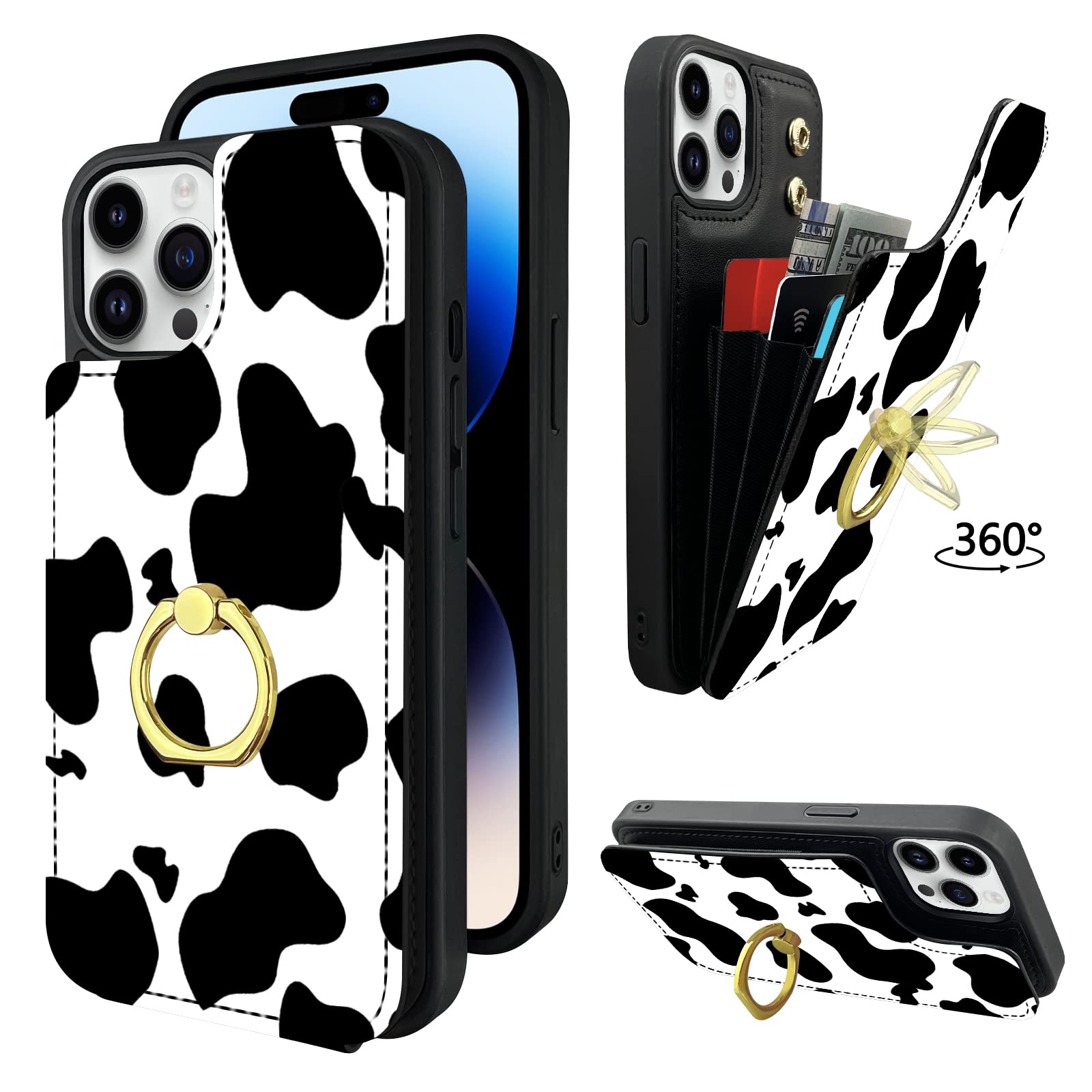 Étui portefeuille iPhone 14 Pro Max chic en cuir synthétique imprimé vache