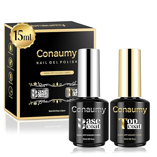 Conaumy Base y capa superior de gel, 2 unidades de 0.5 fl oz (0.5 fl oz) que no se limpian y capa base de gel UV para secado con luz LED, kit de
