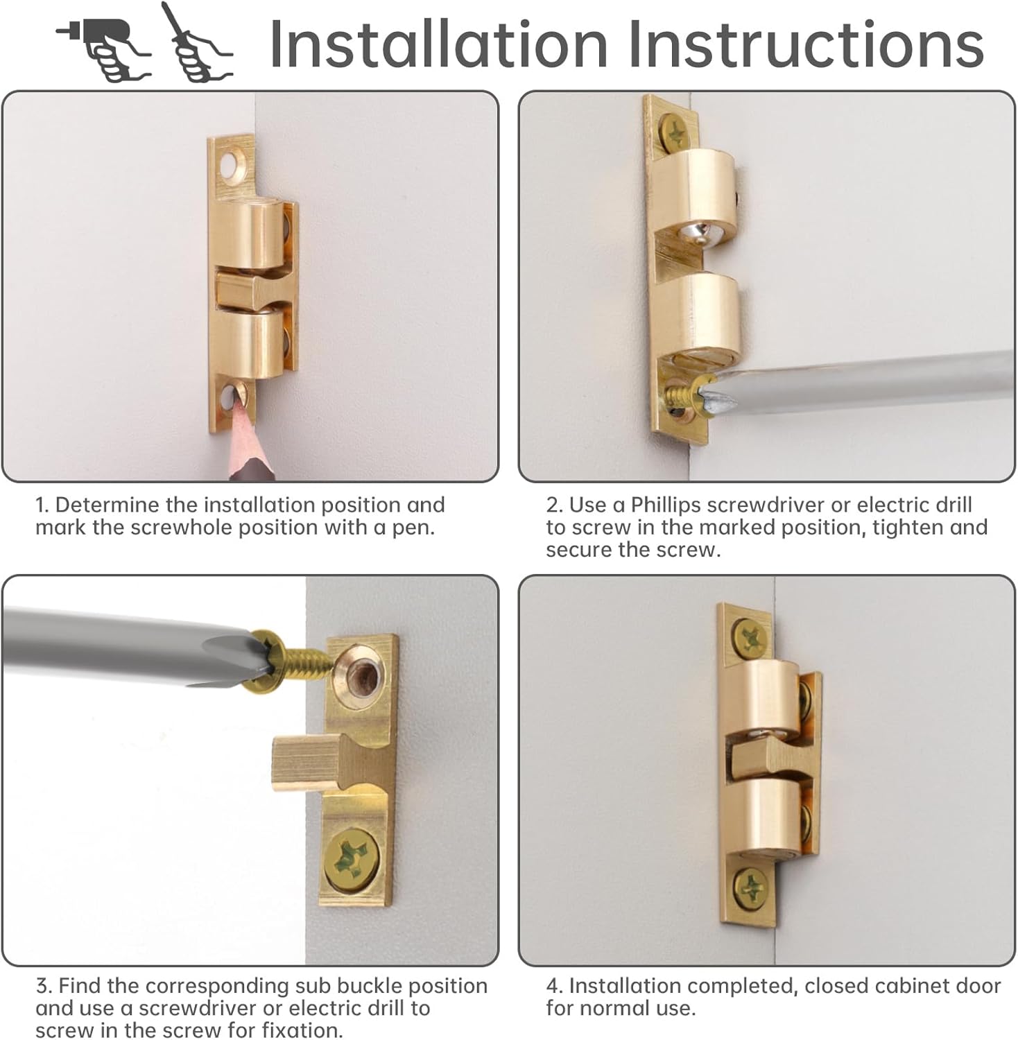 12Pcs Double Ball Tension Roller Catch Latch, 48mm Solid Brass Door Catches Hardware with Screws, Adjustable Tension Latches for Cupboard Closet Cabinet Furniture Door (Gold, 48mm)