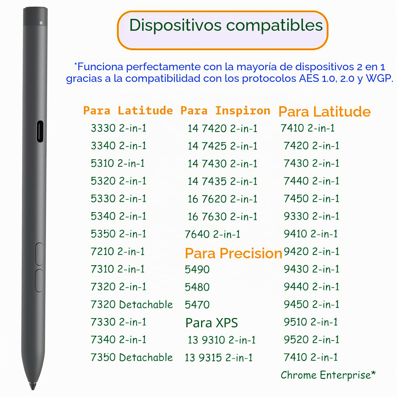 Active Pen PN7522W para Dell PN7522W Premier - Lápiz capacitivo activo recargable para PN5122W para laptop Dell 2 en 1, Latitude 3340 5310 7210, Inspiron 7420 7425, XPS (negro)