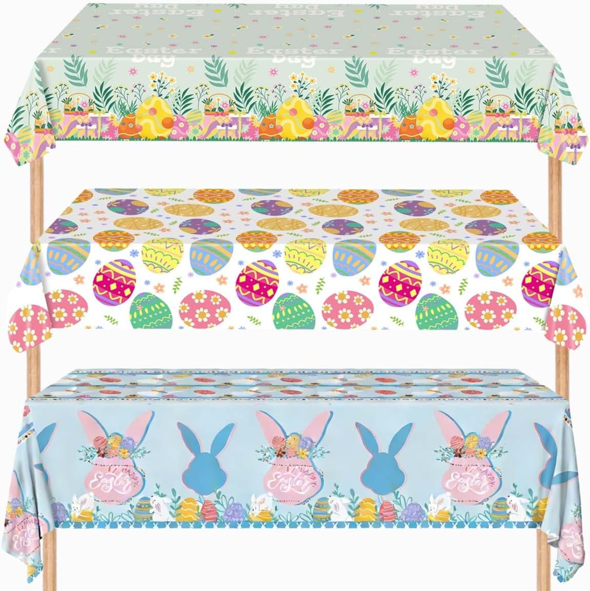 Qpout 3 Pack Easter Tablecloths,Disposable Happy Easter Bunny Table Cover with Colorful Eggs & Flowers, 54x108 Inch Rectangular Plastic Table Cloth for Easter Table Decorations, Spring Party Supplies