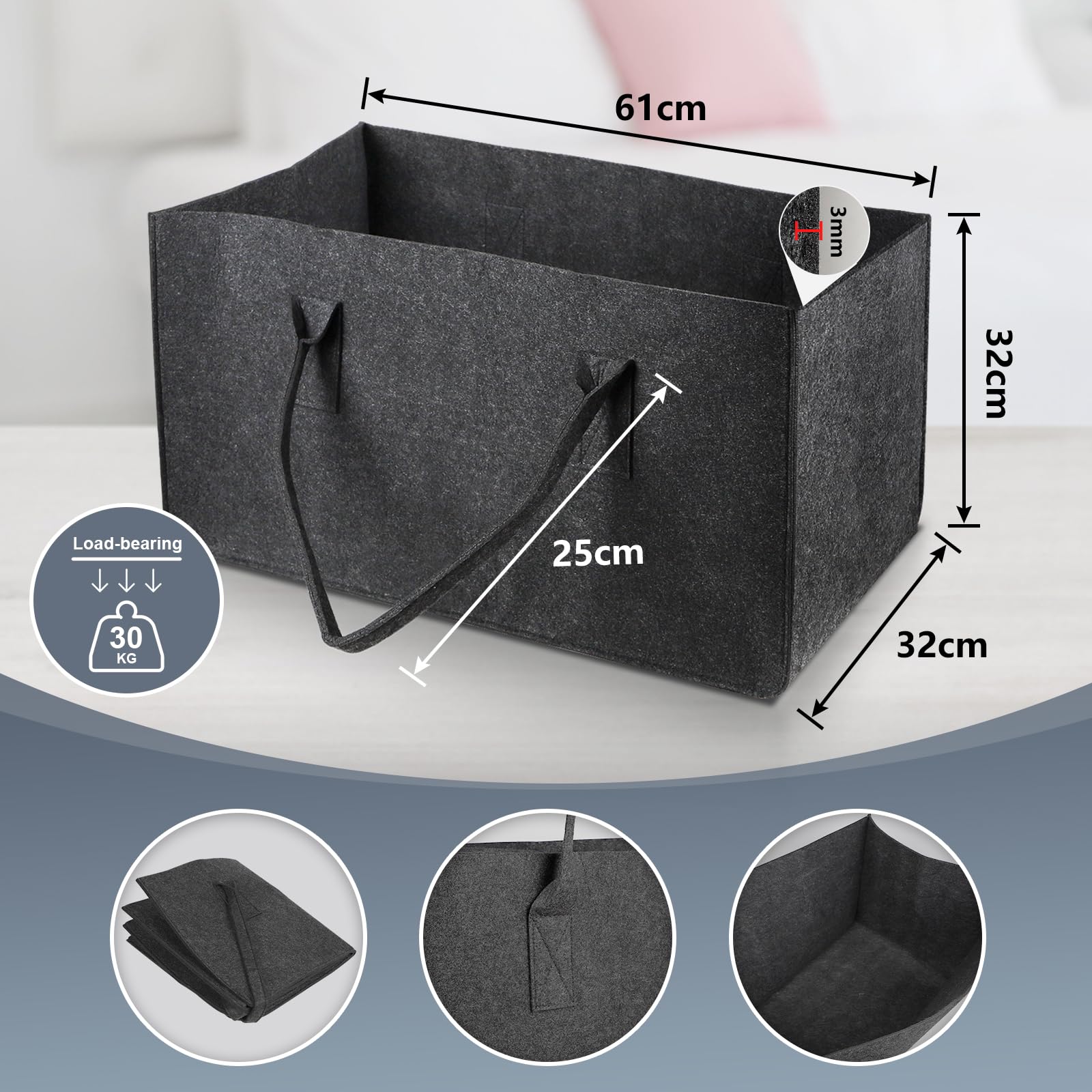 EFUTURETIME 2pz Borsa in Feltro, 61×32×32cm, 60L Cestini per Legna da Ardere con Manici, Grande Shopper Pieghevole in Feltro, Cesto Multiuso per Legna, Vestiti, Giocattoli, Libri, Grigio Scuro