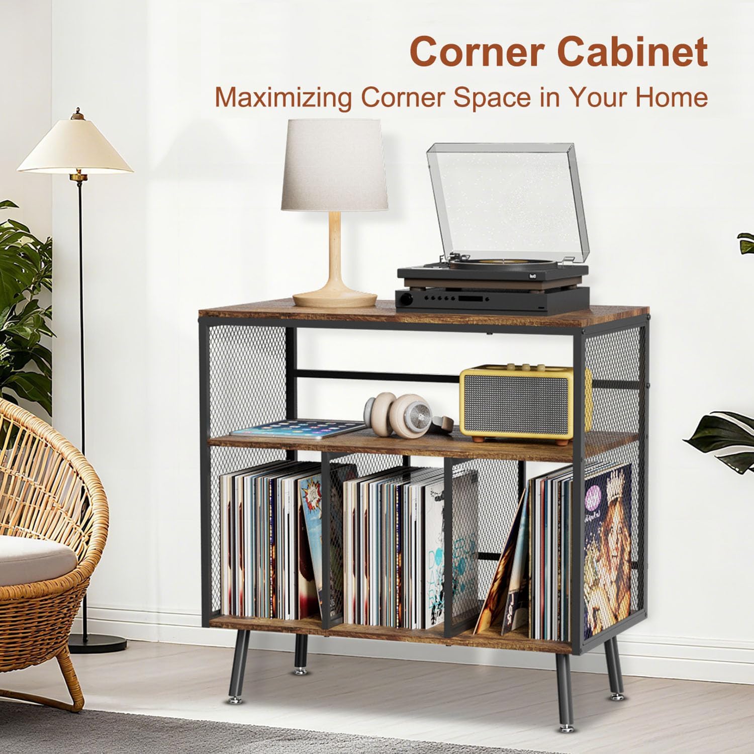 VyGrow Record Player Stand with Vinyl Storage, 3-tier Turntable Stand Holds Up to 220+ Albums, Large Record Player Table Storage Rack for Home Office