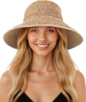 Senker Fashion Sun Hats for Women UV Protection Handmade Wide Brim Packable Straw Bucket Hat for Beach Summer Vacation Travel