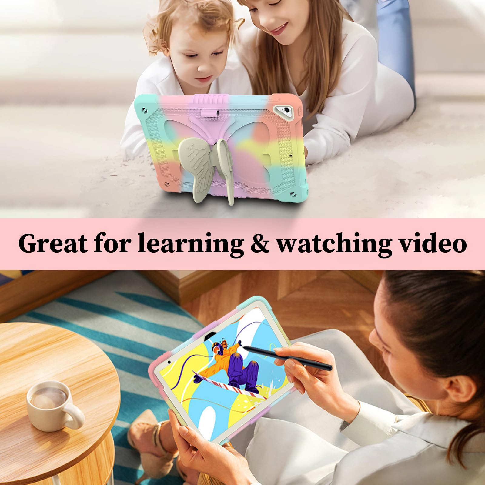 Funda para iPad de 9ª 8ª y 7ª generación para niños y niñas con soporte para lápices, funda para iPad 10.2 con soporte de mariposa y correa para el hombro, funda protectora a prueba de golpes, 7
