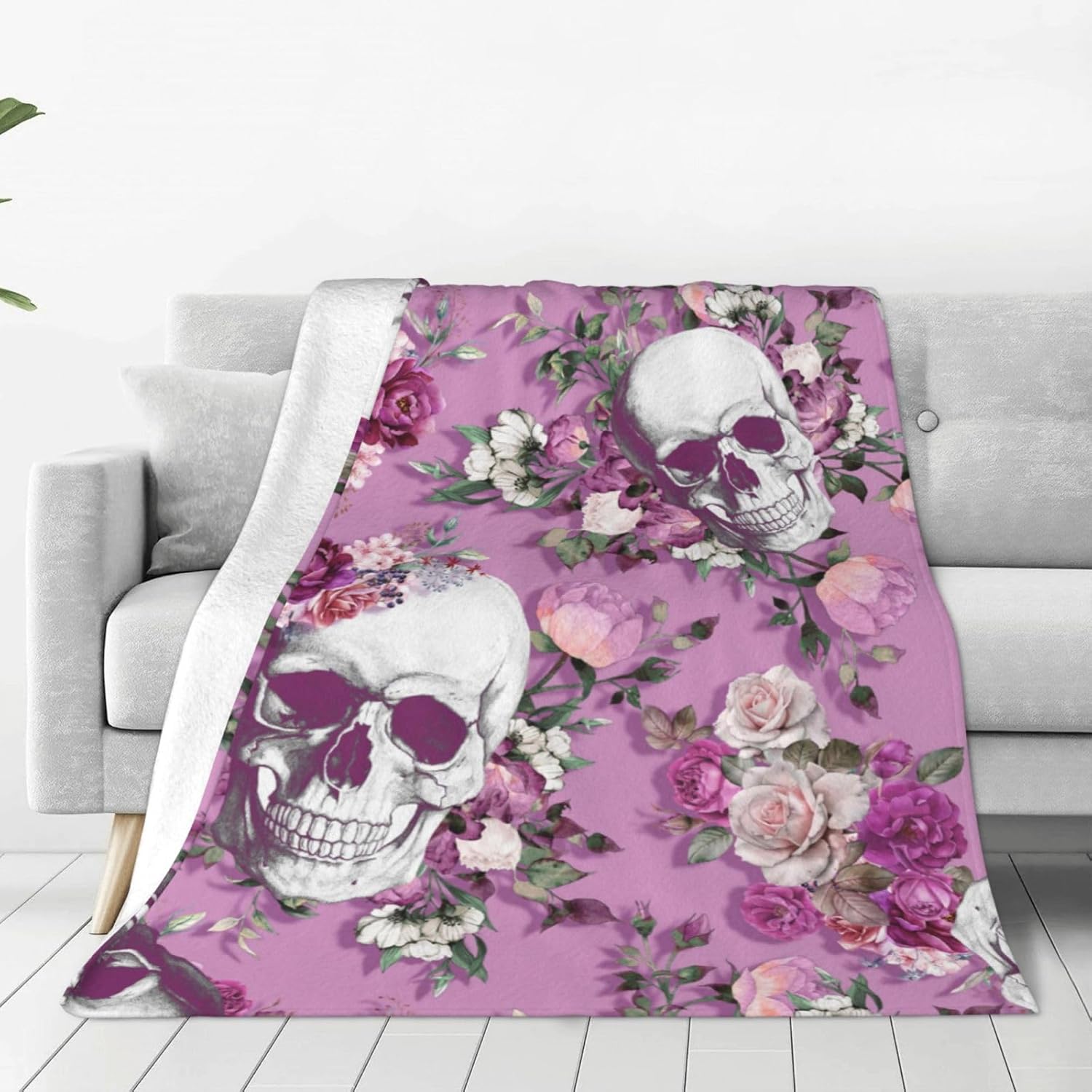 BLUBLU Flannel Fleece Bed Blanket Throw Blanket Lightweight Cozy Plush Blanket for Bedroom Living Room Sofa Couch Skull Rose Pink 80"X60"