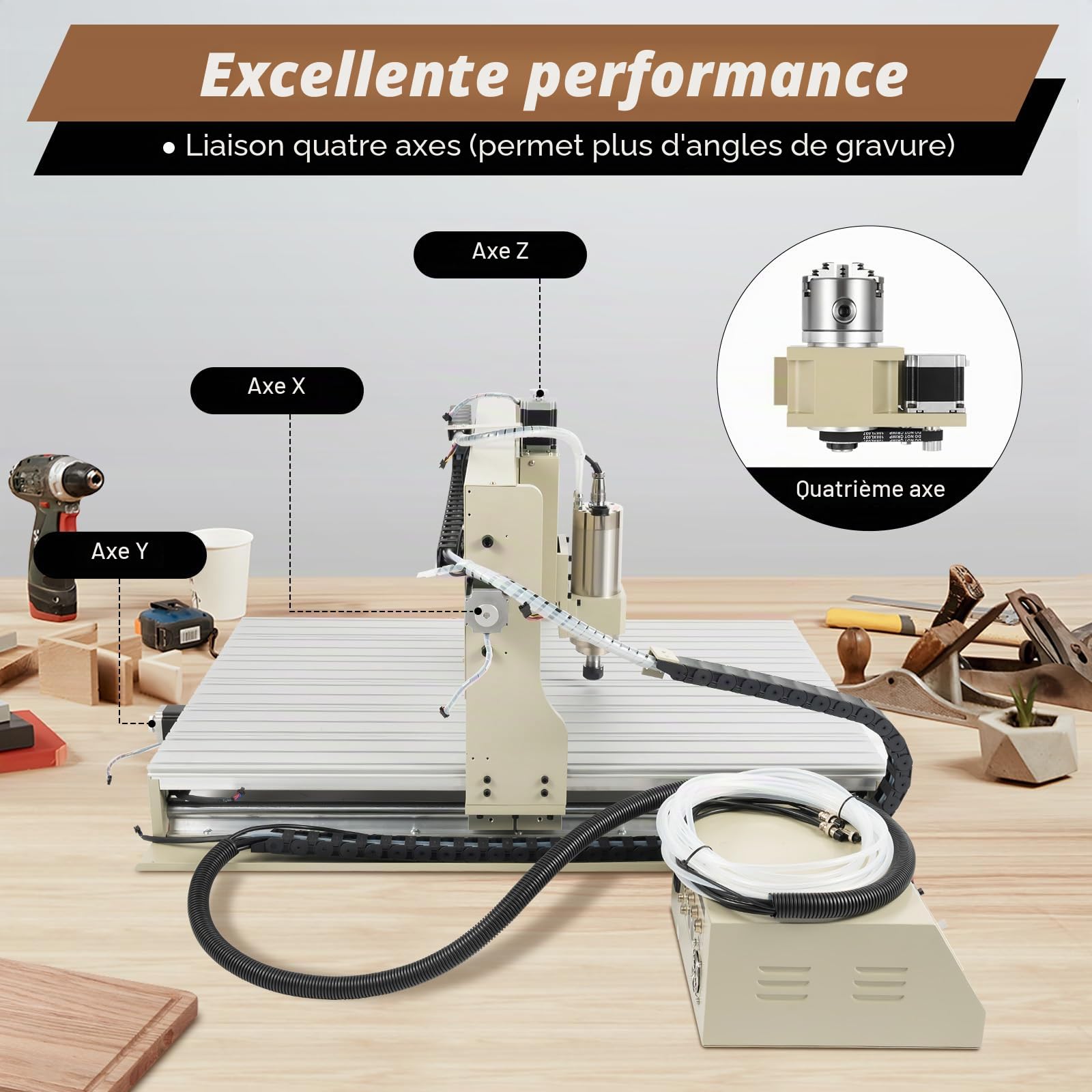 Fraiseuse CNC à 4 axes 6090 - Machine à graver avec routeur USB - Fraiseuse métal Kit pour MACH3, moteur de broche USB 2,2KW avec fraiseuse et VFD, zone de travail XYZ 600 x 900 x 150 mm