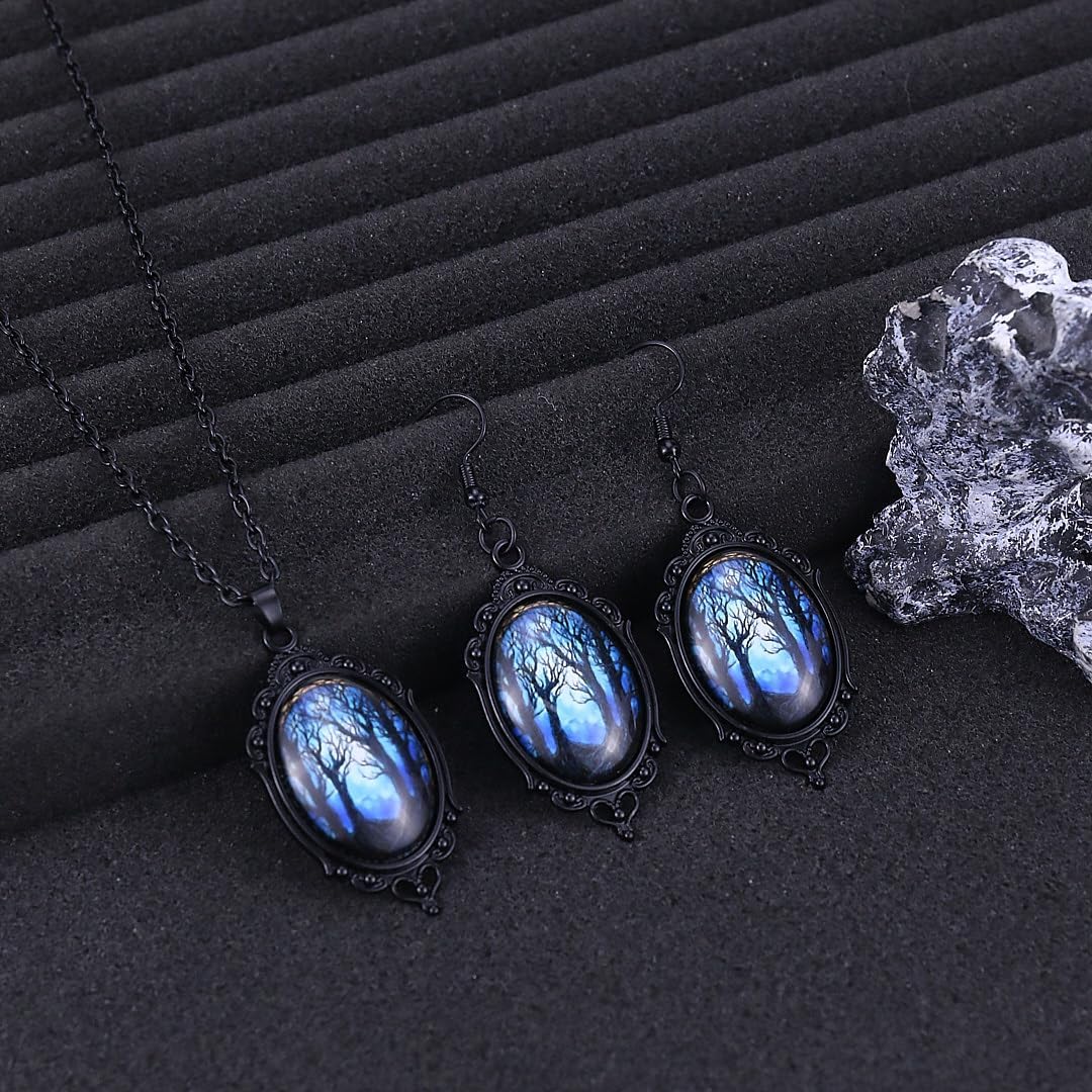 Halloween Witch Necklace Earrings Set for Women Halloween Cameo Crystal Glass Pendant Necklace Earrings Vintage Punk Gothic Vampire Jewelry for Women Emo Accessories Halloween Spooky Costume Accessories - Image 6