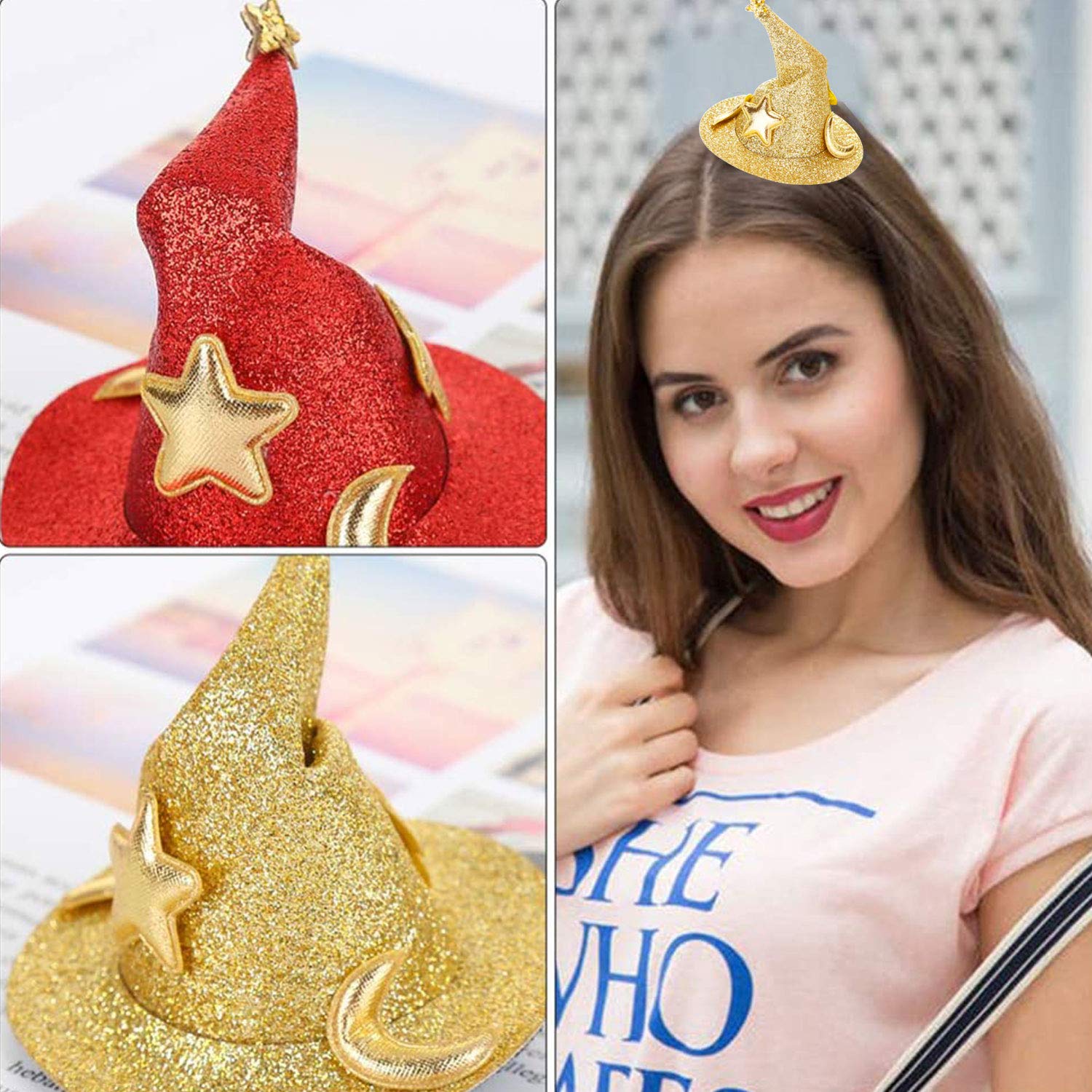 Totelux Halloween-Hexenhut-Haarspangen, 2 Stück – Glitzer-Schwarz Mit Stern & Mond, Krokodil-Klemmen Für Cosplay & Party