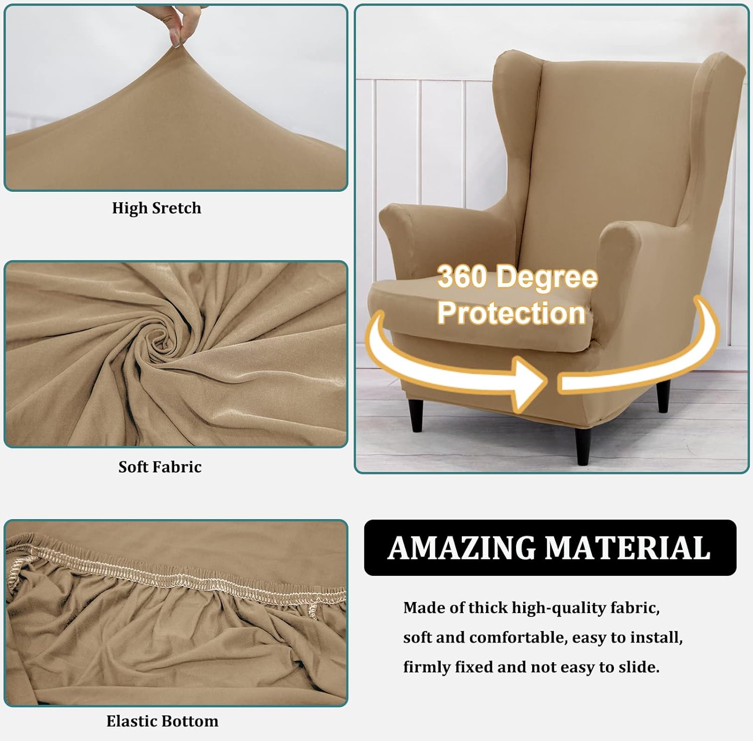 NILUOH Wingback Chair Cover 2-Piece Soft Stretch Wing Chair Slipcover Solid Color Armchair Sofa Couch Cover Furniture Protector with Elastic Bottom for Living Room Bedroom (Khaki)