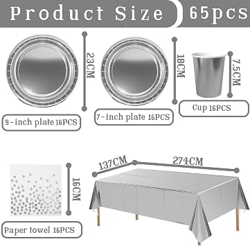 65Pcs Metallic Foil Silver Party Tableware Set,Plastic Silver Table Cloths Parties,Disposable Paper Plates,Napkins and Cups Dinnerware Set for Kids Adults Birthday,Wedding,Christmas Party Decorations