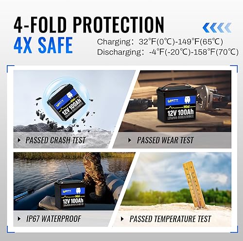 Miniatura 5 de WattCycle - Mini batería de litio LiFePO4 de 12 V 100 Ah, BMS integrado de 100 A, 15 000 ciclos profundos, 1280 Wh, protección a baja temperatura,