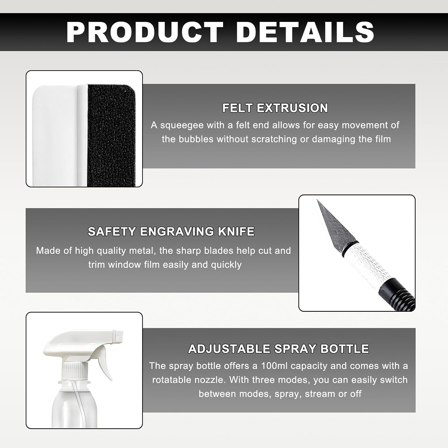 Wevdn 3 PCS Car Window Film Kit, Durable Easy to Apply Glass & Car Windows Tint Kit, Practical Window Film Installation Tools Kit Includes Felt Scraper Carving Knife 100ML Spray Bottle