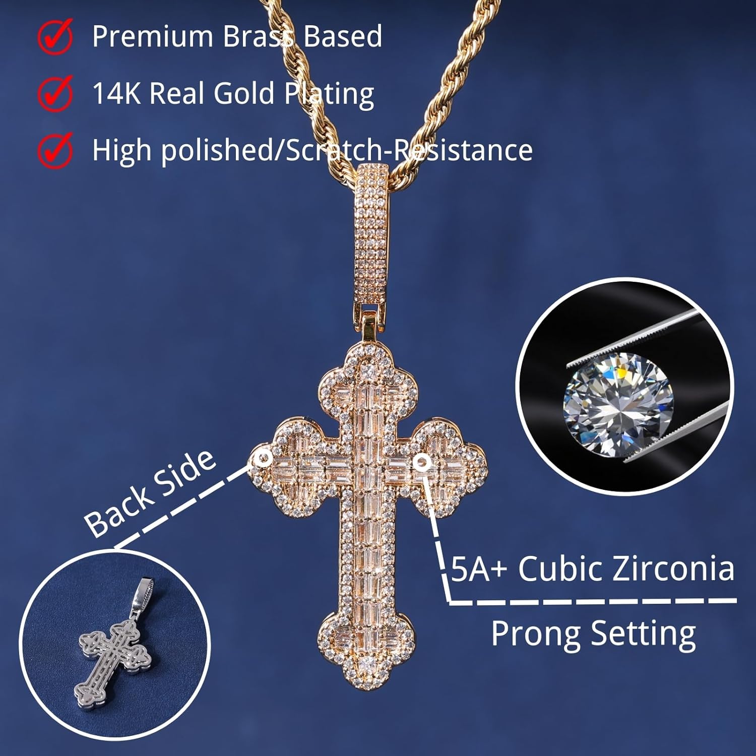 Lulu Mel Iced Out White Gold Plated Cubic Zirconia Cross Pendant Necklace With Rope Chain, Trendy Hip Hop Cross Faith Pendant Jesus Necklace For Men Women