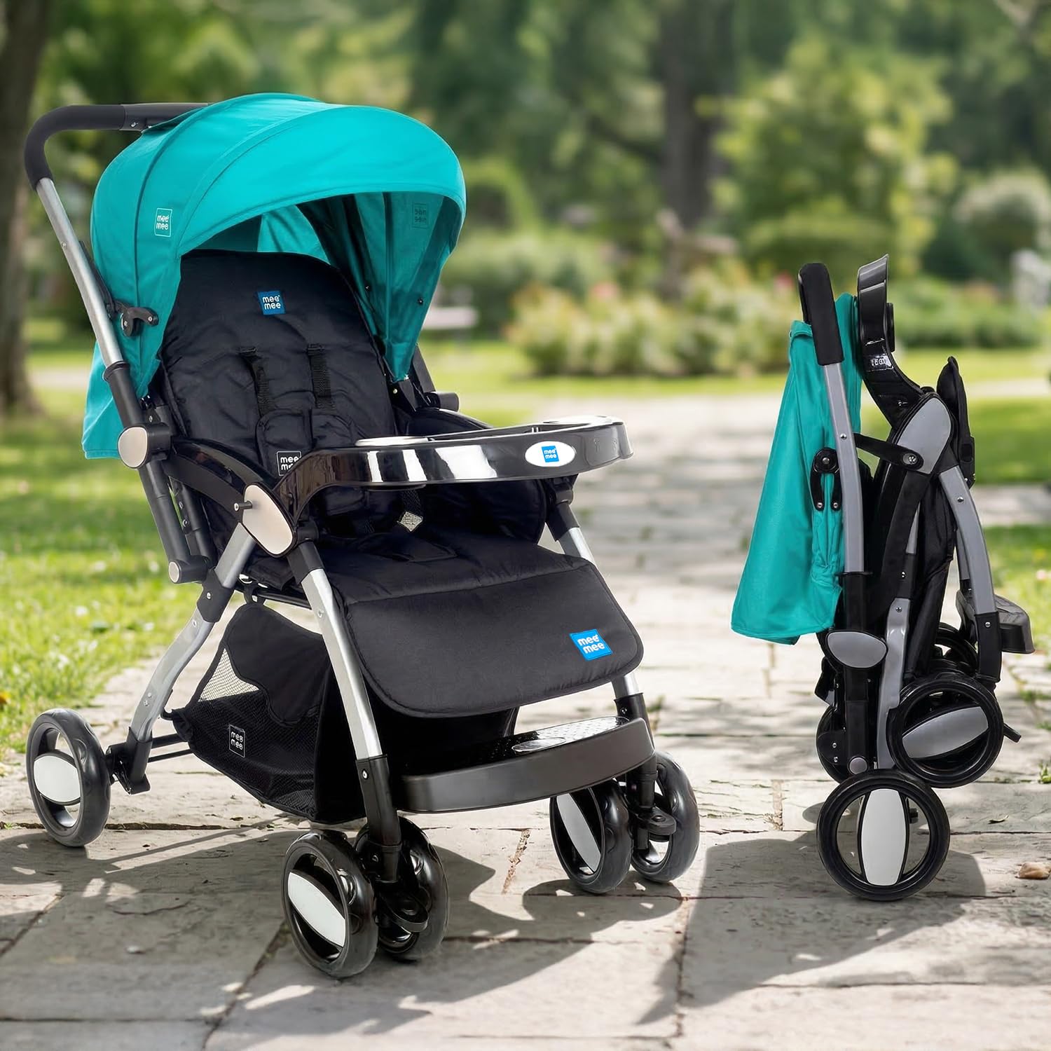 Mee Mee Dream Star Luxury Baby Stroller/Pram | 5 Point Safety Harness, One Hand Fold, Multi Level Recline Cushioned Seat, Canopy & Footrest | Fully Rotating Wheels for 0-3 Yrs (Turquoise Green)-image-47