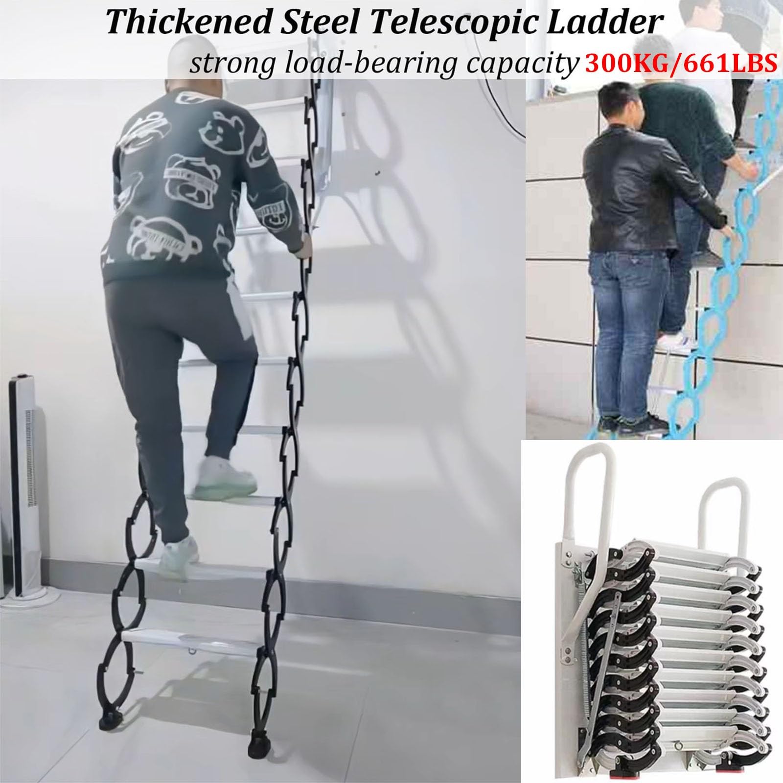 Ausziehbare Dachbodentreppe mit Teleskopfunktion und Ausziehmechanismus, Tragkraft 300 kg, wandmontierte Stahltreppe mit stabilen Handläufen, für den Außenbereich(15 Steps 380CM/150IN)
