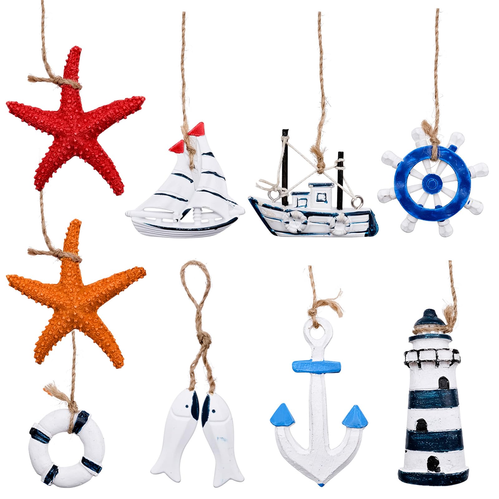 Mritrit 9 Stück Maritime Anhänger Deko Klein für Fischernetz Wand, Dekoanhänger Meer mit Hängend Anker, Miniatur Rettungsring, Mini Boot, Seestern, Fisch, Ruder, Leuchtturm, Steuerrad, Segelboote