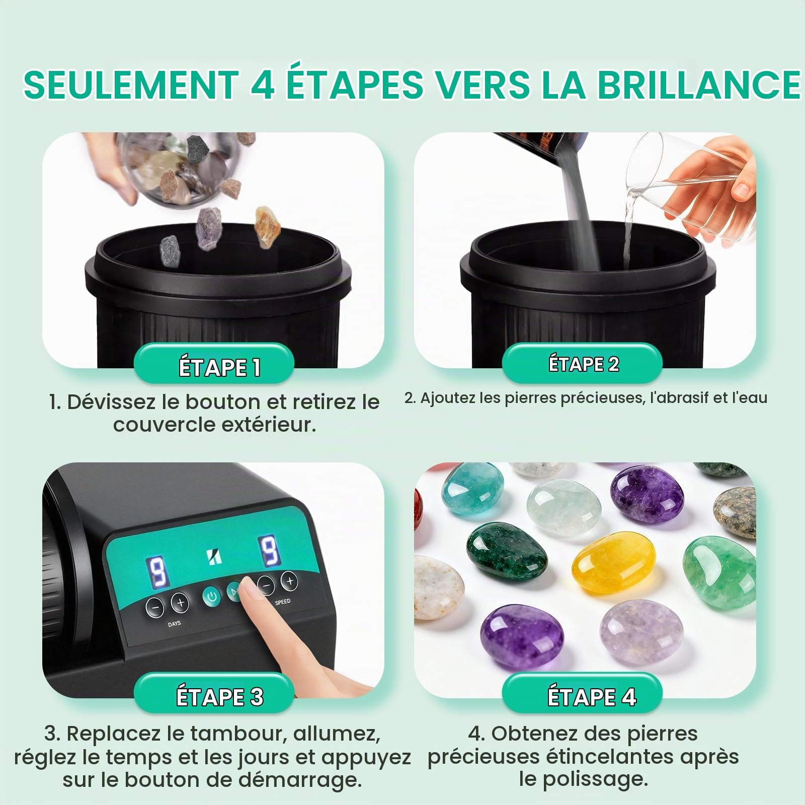 Huanyu Polissage de Pierres, max. 1,8 kg, 9 vitesses, minuterie de 9 jours