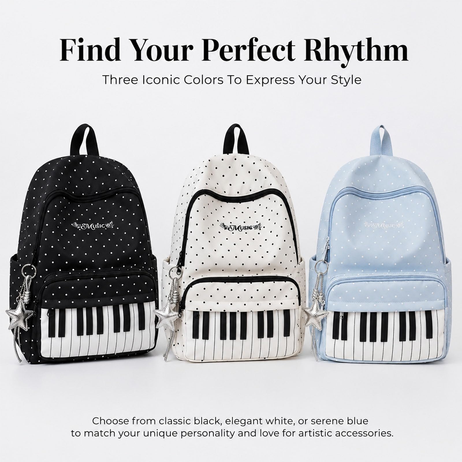 Jeeeun Piano Backpack, Cute Polka Dot Music Backpack for Women with Pendant, Lightweight Daypack for College, Travel & Everyday Use (White)