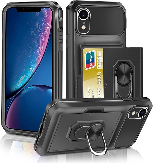 Vunake for iPhone XR Case iPhone XR Wallet Case with Card Holder Slot Ring Holder Kickstand Heavy Duty Armor Bumper Military Grade Shockproof Case Protective Case for iPhone XR Phone Case,Black