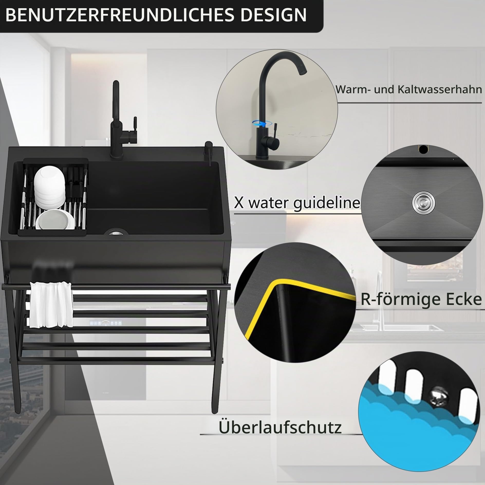 Edelstahl Spültisch,Spülbecken mit Wasserhahn,Outdoor Küche Gewerbliche Mobiles Waschbecken mit Ablagefläche,Freistehend Spüle Gastro 1 Becken küchenspüle mit Unterschrank,für Außen,Innen(60x45x86cm/2