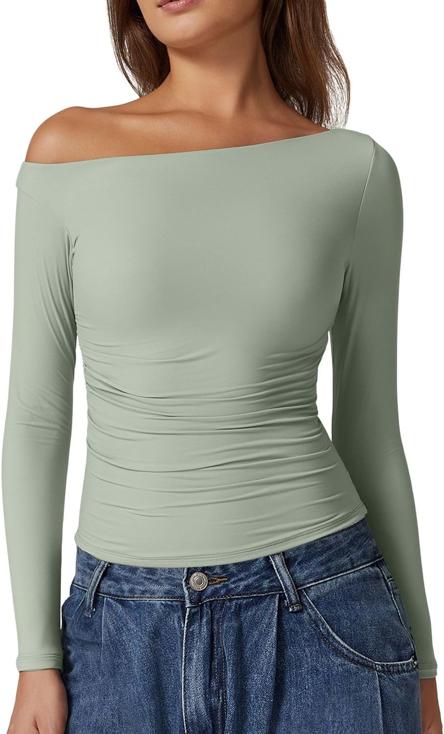 QINSEN Women's Sexy Off Shoulder Shirt Long Sleeve Double Lined Tops Side Ruched Fitted Tees