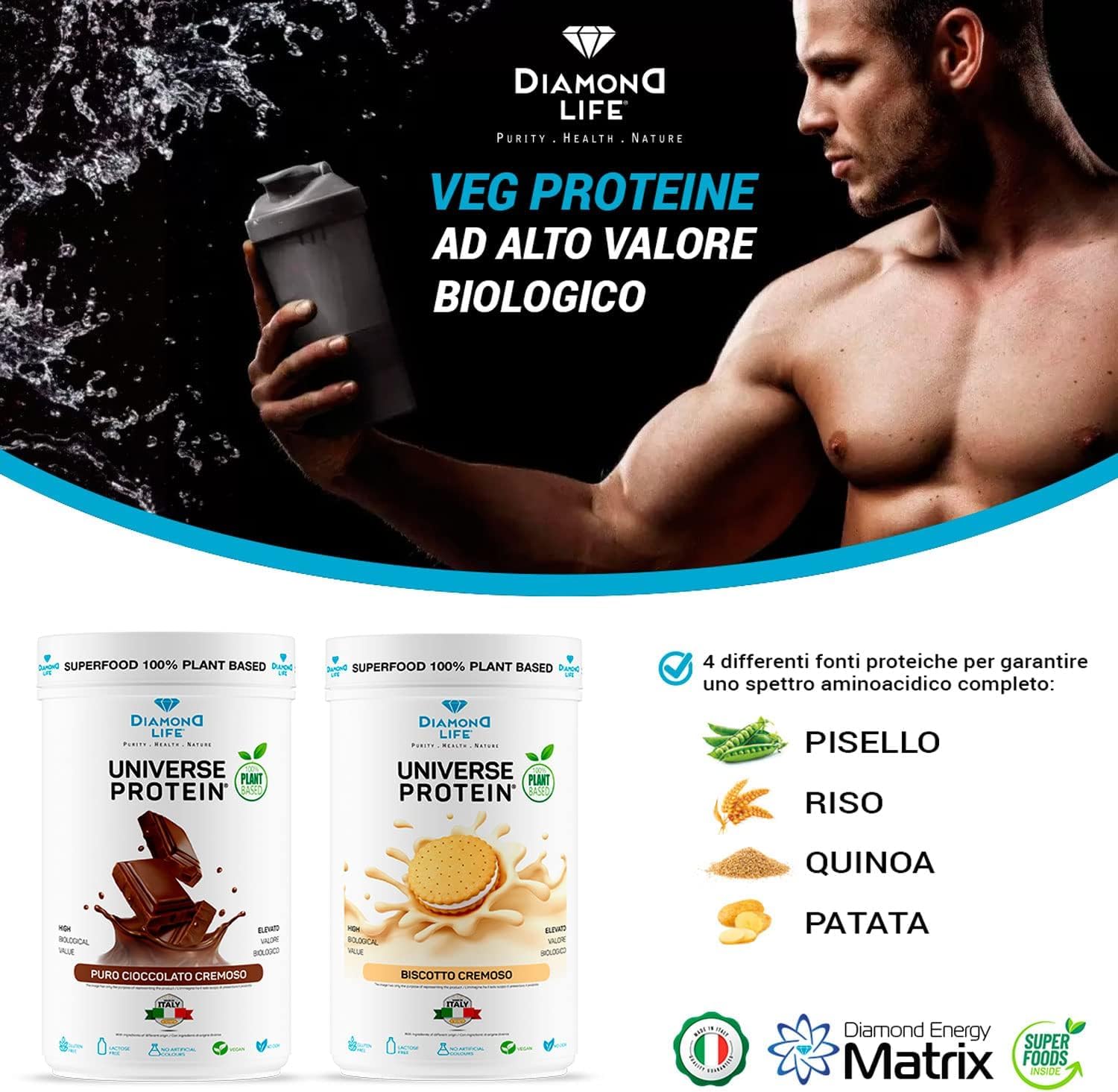 DIAMOND UNIVERSE PROTEIN - Proteine in Polvere Vegane (Pisello, Riso e Quinoa) 70% di Proteine ad Alto Assorbimento per Sforzo Fisico, Resistenza e Mass Gainer | Gluten Free (Biscotto Cremoso)