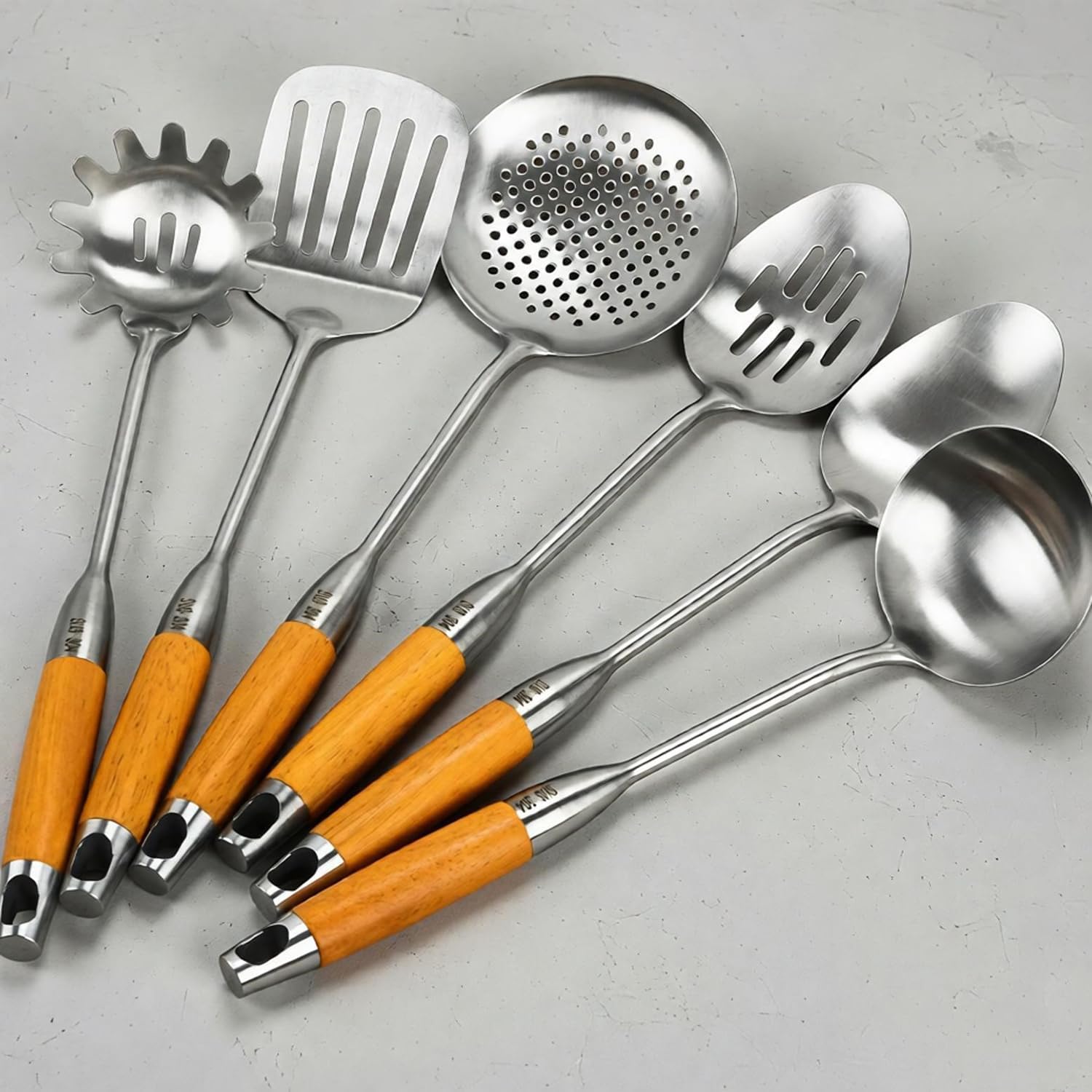 304 Stainless Steel Kitchen Cooking Utensils, Long Cooking Spoons Utensils Tools, Turner, Ladle, Spoons & Pasta Server, with Wooden Handle, 6 packs