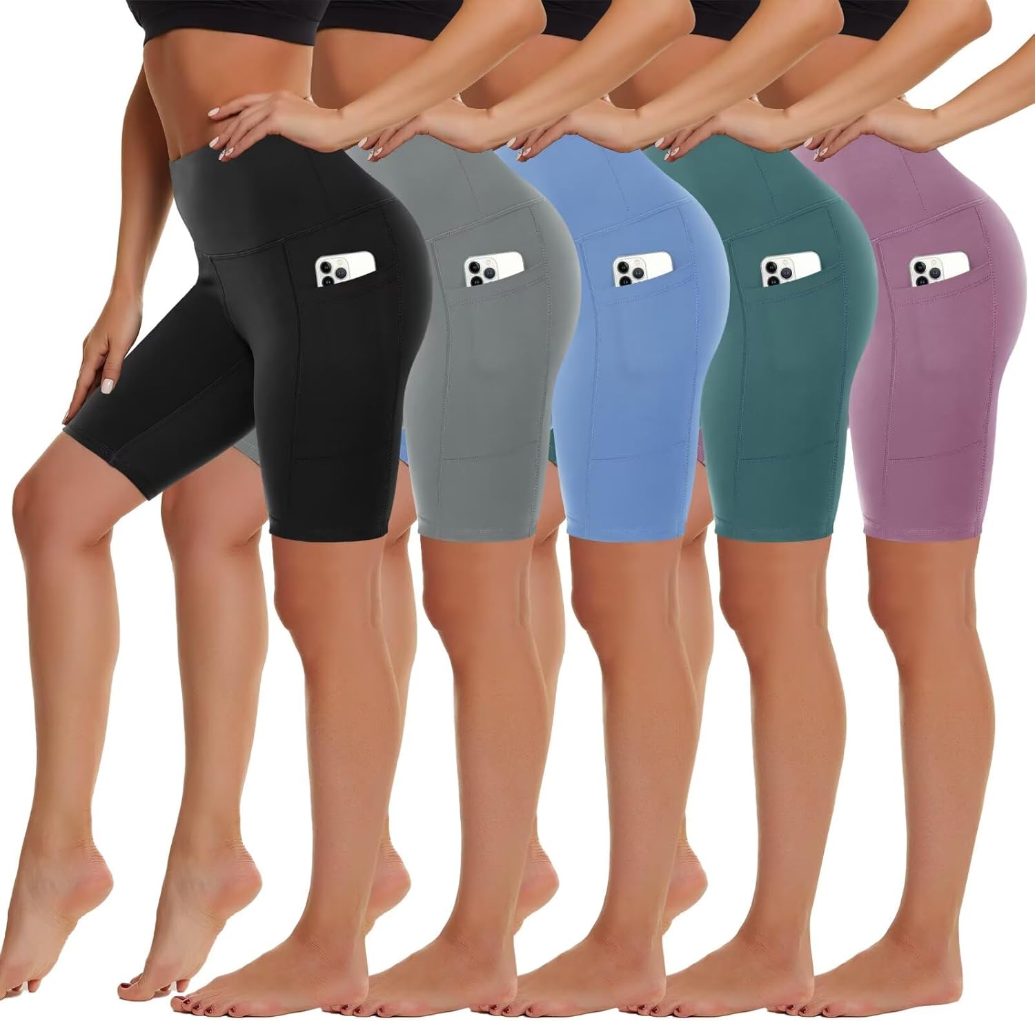 5 Pack Biker Shorts with Pockets for Women - 5"/8" High Waist Spandex Workout Yoga Running Athletic