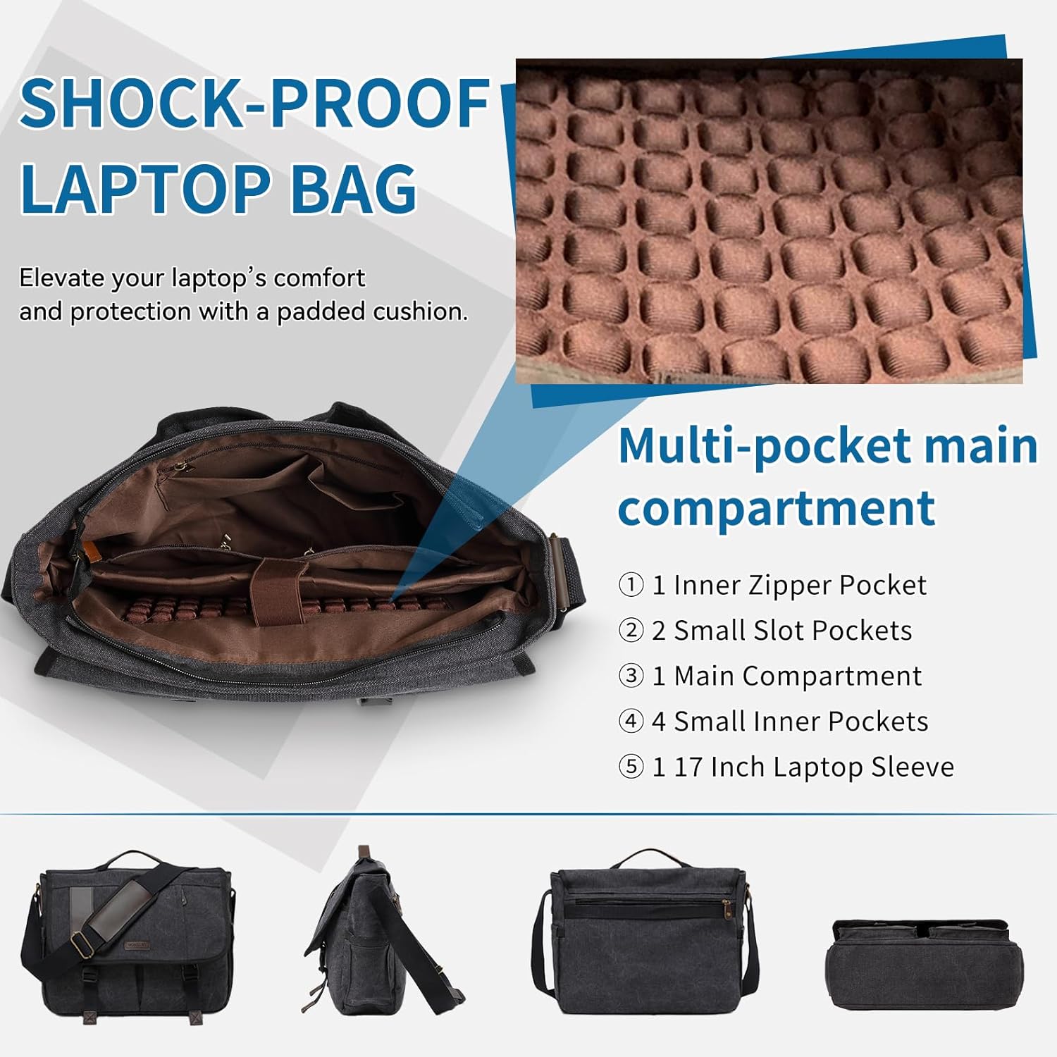 VX VONXURY 17 Inch Laptop Bag Mens Messenger Bag,Large Water Resistant Canvas Multipocket Satchel Shoulder Bag for Men, Business, Work, Travel, College - Image 4