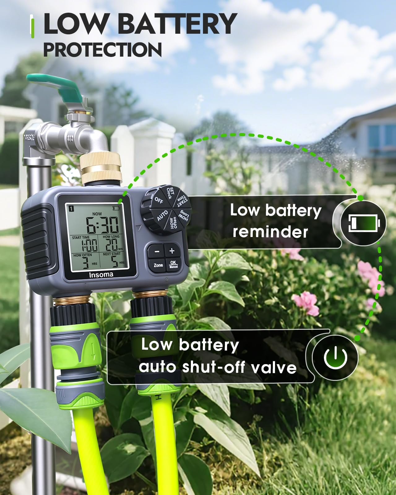 Insoma Timer irrigatore a 2 zone con ingresso e uscita in ottone, timer dell'acqua per tubo da giardino con modalità auto/manuale/ritardo pioggia, grande display LCD, timer per tubo flessibile di