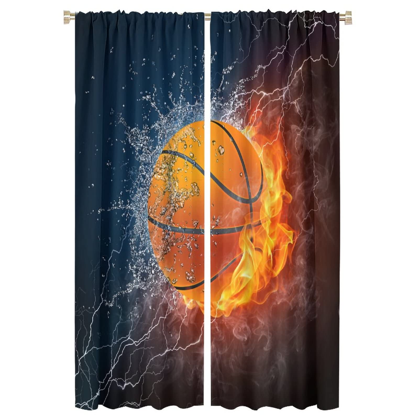 JESTRONRY Boys Basketball Curtains,Kids Sports Theme Fire Ball Water Flame Splashing Room Darkening Door Window Rod Pocket Curtain for Living Room Teen Men Bedroom Decor W42xL63in