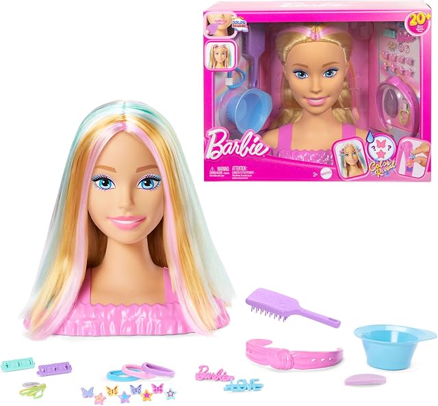 Barbie Busto para peinar, pelo rubio con más de 20 accesorios para hacer peinados, incluye pinzas para el pelo con forma de estrella y mariposa que cambian de color, JFG81