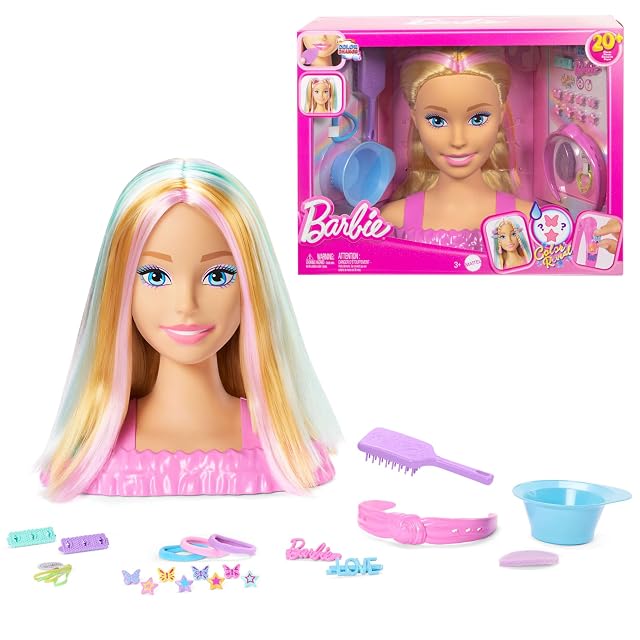 Barbie Busto para peinar, pelo rubio con más de 20 accesorios para hacer peinados, incluye pinzas para el pelo con forma de estrella y mariposa que cambian de color, JFG81