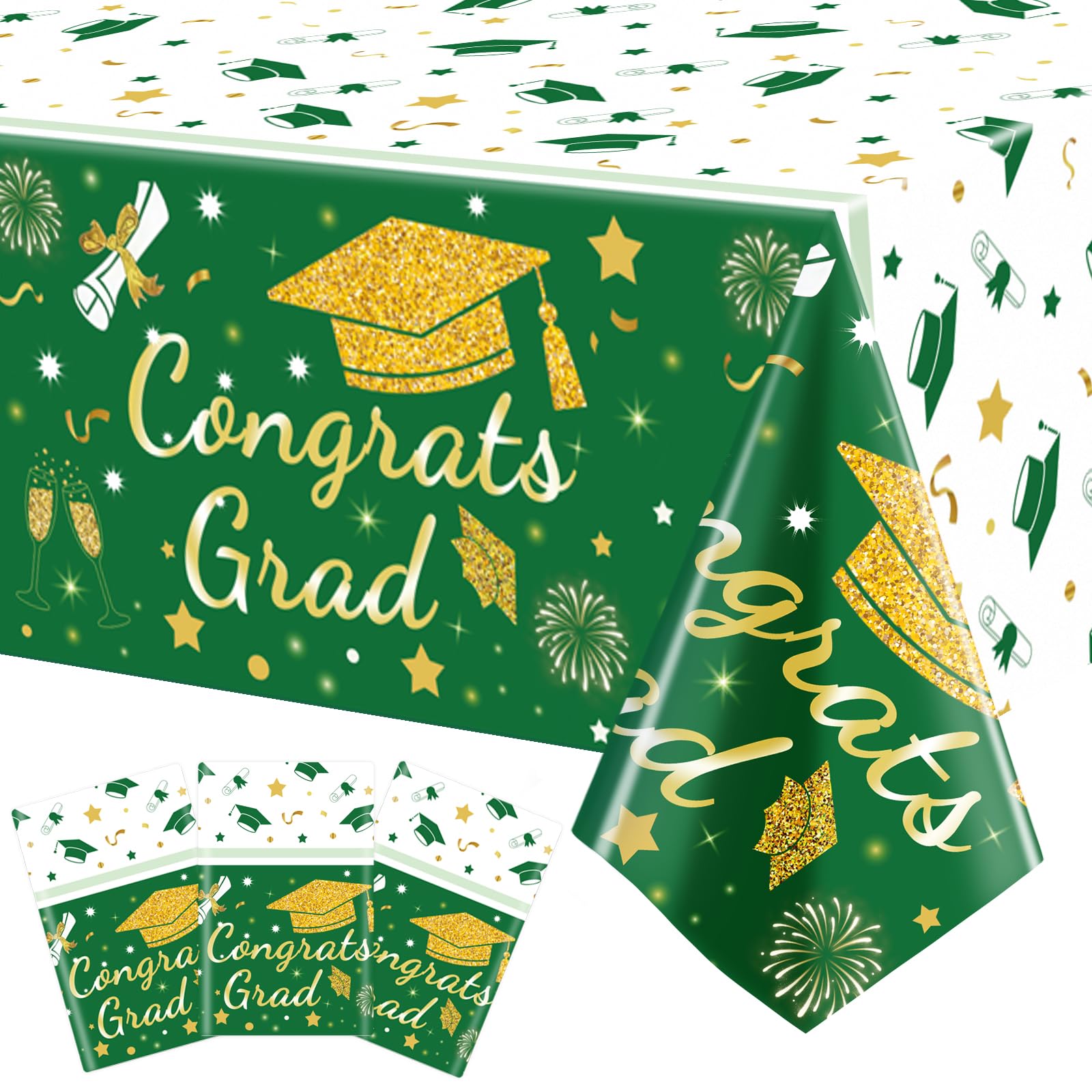Photo 1 of MEIDUO 2026 Graduation Tablecloth, 3-Pack - 54" x 108" Green and Gold Congrats Grad Disposable Plastic Table Covers for College/High School Class of 2026 Graduation Party Decorations Supplies.