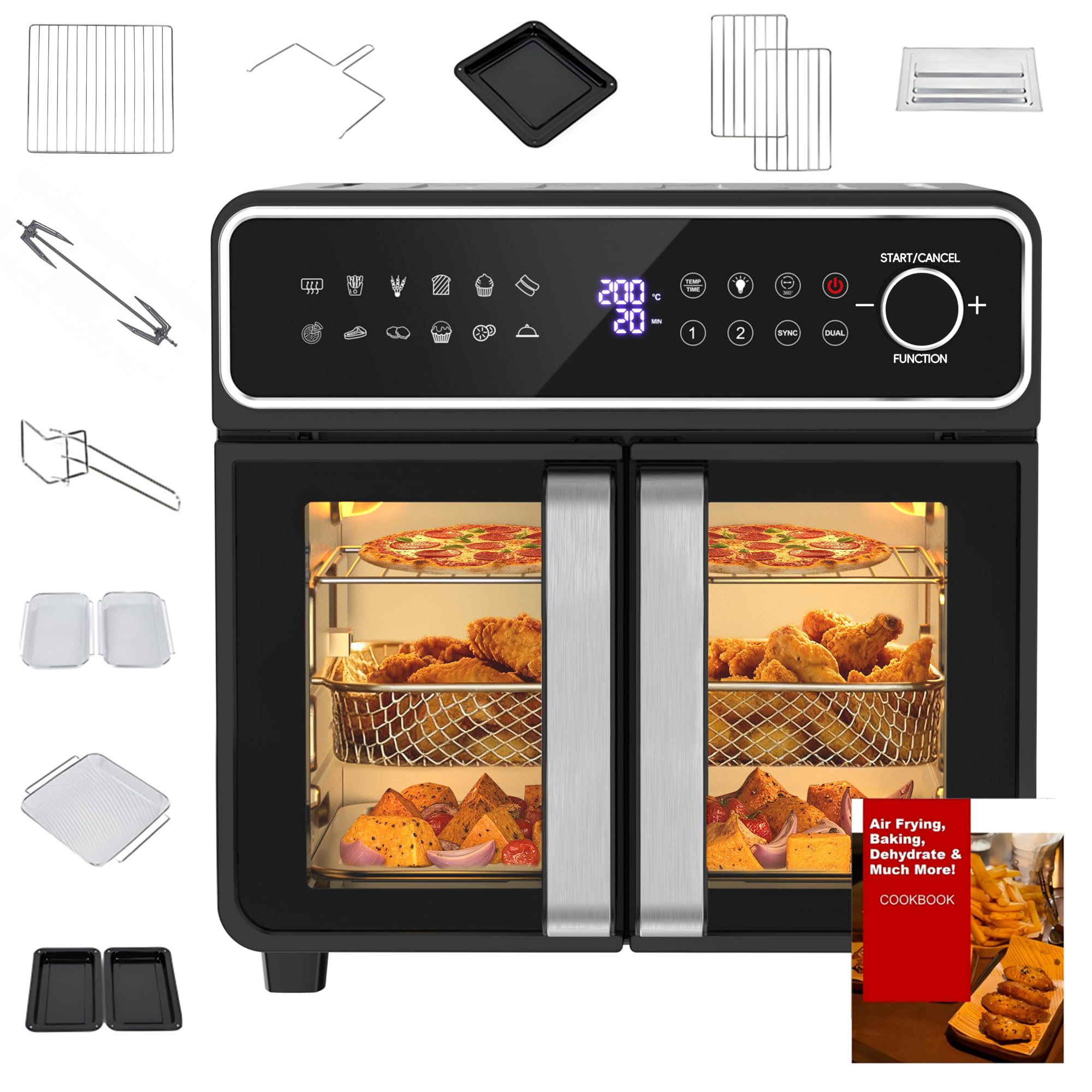 Freidora de aire 23L Mini Horno – Zona simple/doble regulable, 2600W Airfryer con Perilla & Pantalla táctil, 12 programas, Interior de acero inoxidable, 13 accesorios y libro de recetas