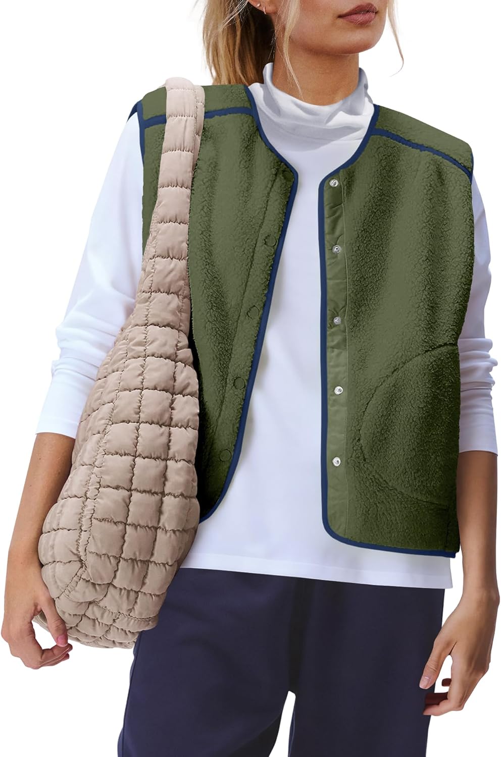 Panadila Womens Fuzzy Fleece Vest Oversized Sleeveless Sherpa Jacket Color Block Tops Button Down Outerwear with Pockets - Image 4