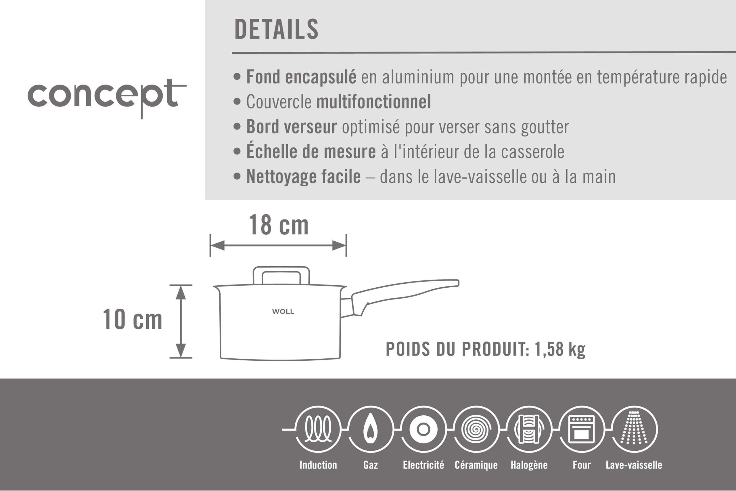 WOLL – Concept casserole Ø 18 cm en acier inoxydable avec couvercle, 2,5 l – induction – tous feux – compatible four jusqu’à 200 °C – durable, coloris argent