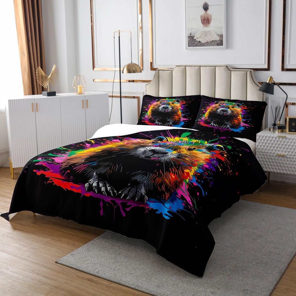 Erosebridal Boys Beaver King Size Coverlet Set, Guinea Pig Quilt Set Lovely Animal Bedspread Set for Boys Girls Children Bedroom Decor, Watercolor Tie Dye Bedding Set with 2 Pillow Cases