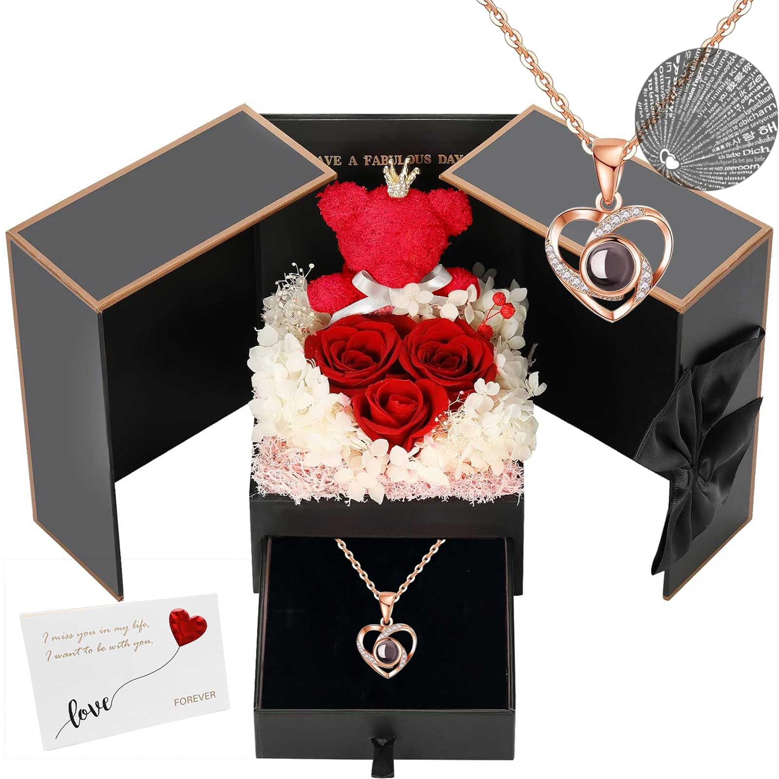 Everjoys Real Rose for Women, Moss Bear with Three Red Roses Forever Flowers, Birthday Gifts for Mom Wife Girlfriend, I Love You Gifts for Her on Anniversary Valentines Mothers Day