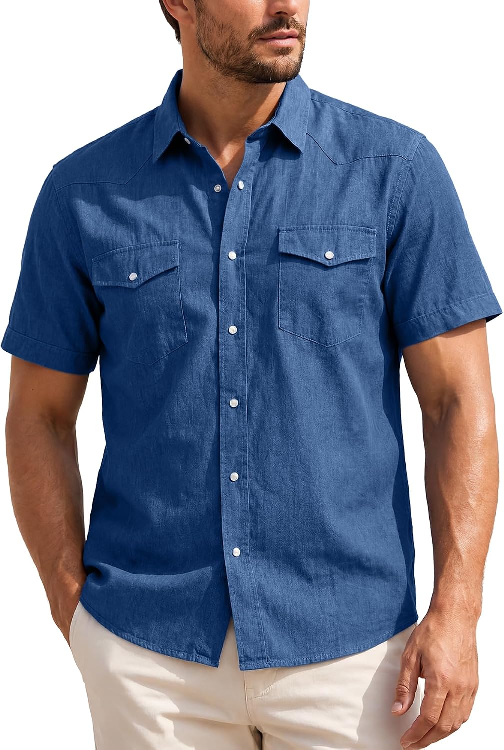 Kallspin Mens Western Pearl Snap Denim Shirt Short Sleeve Lightweight Linen Blend Button Down Summer Cowboy Casual Resort Top
