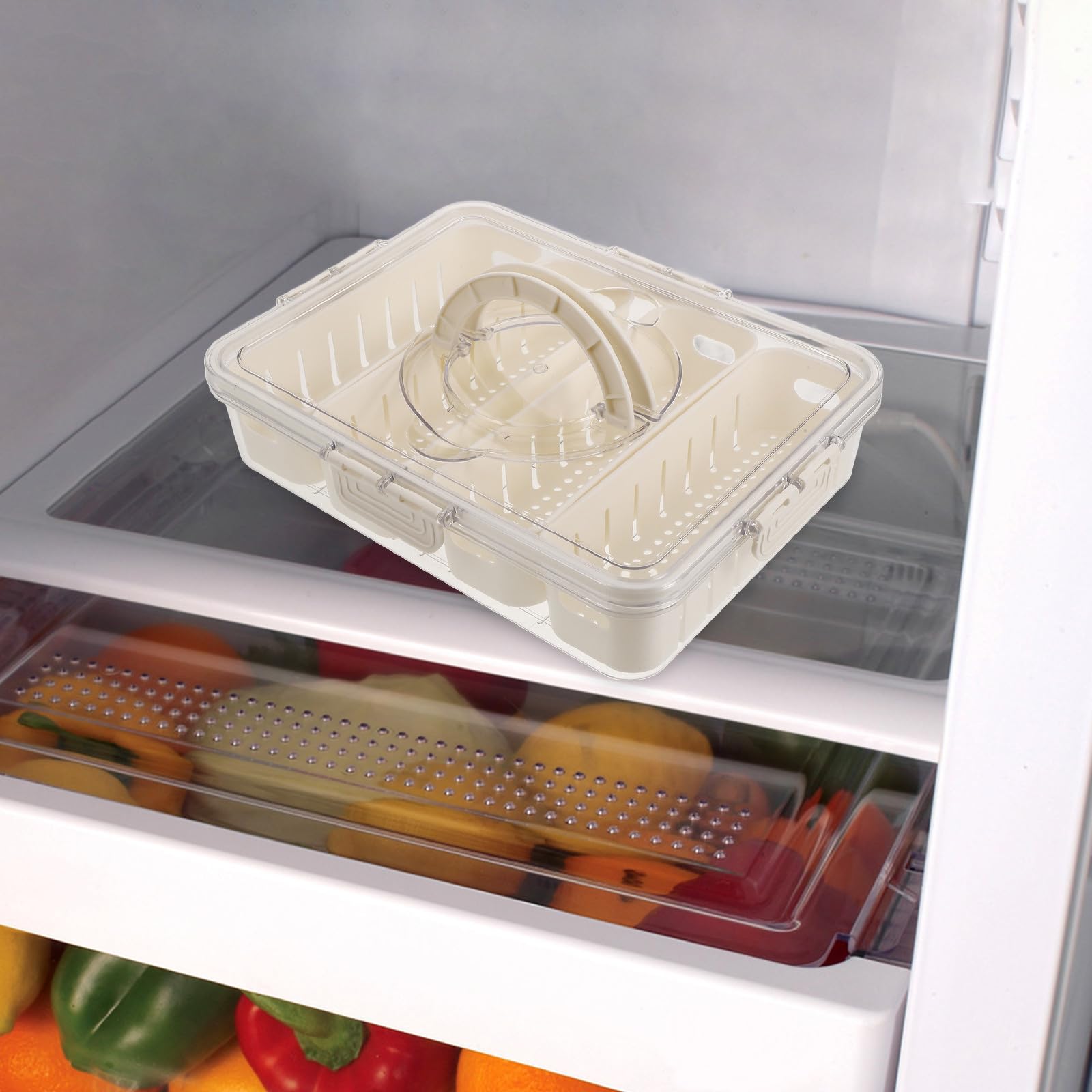 Caja de Almacenamiento de Pet para Refrigerador Organizador Reutilizable Compartimentos Divididos, Sello Hermético y Asa para Frutas y Alimentos en Picnics y Viajes