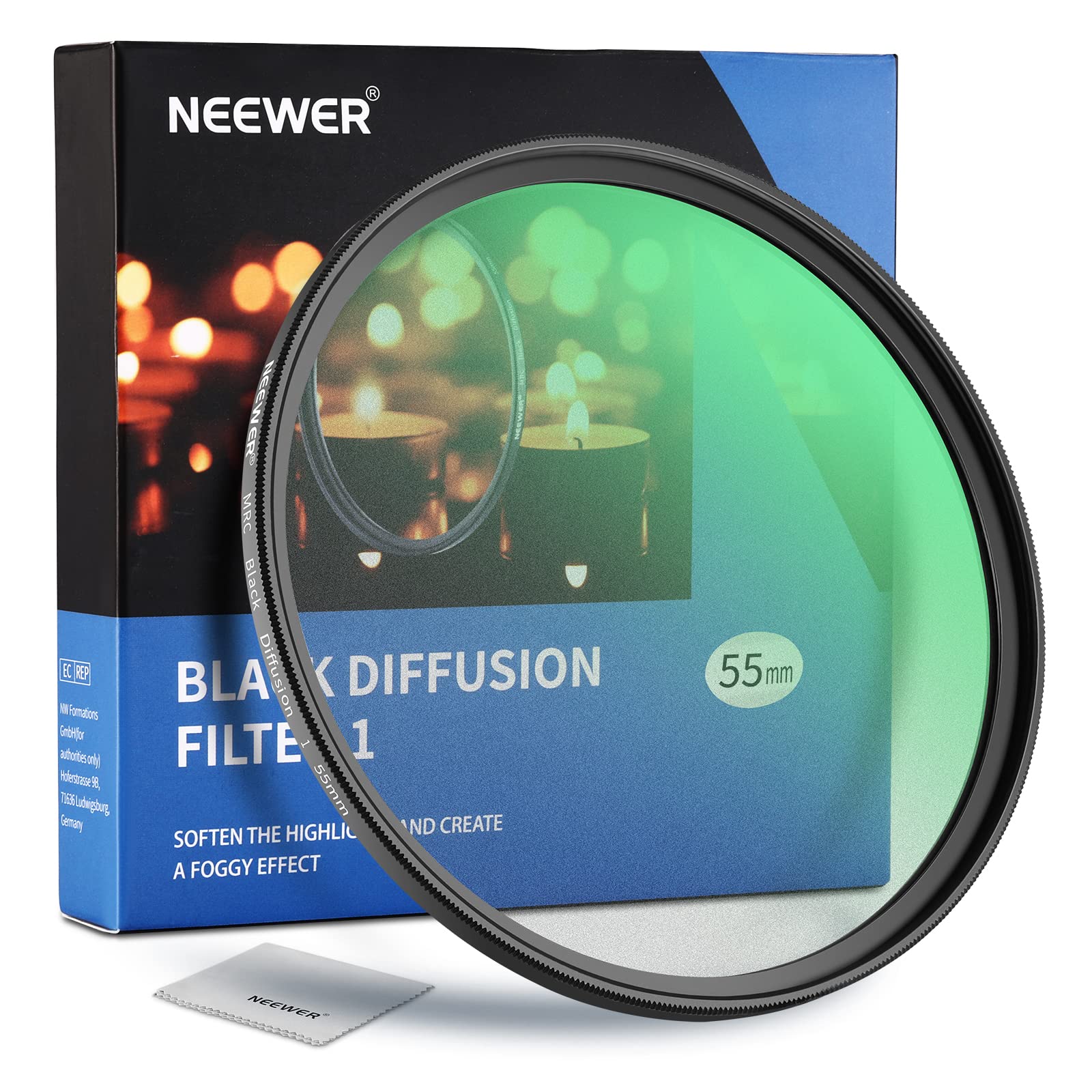 NEEWER 55mm Black Diffusion 1 Filter Mist Dreamy Cinematic Effect Filter Ultra Slim Water Repellent Scratch Resistant HD Optical Glass, 30 Layers Nano Coatings for Video/Vlog/Portrait Photography