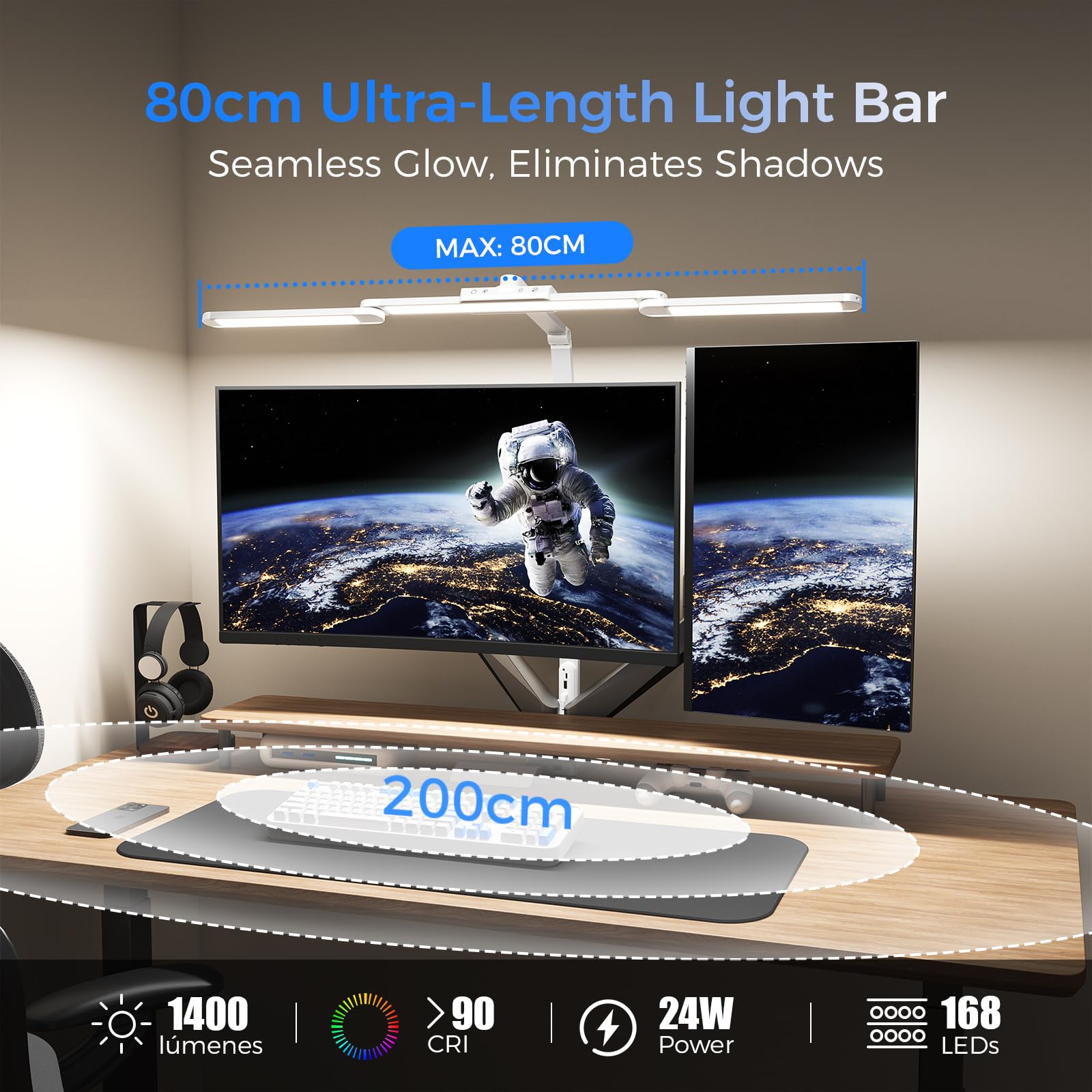 Lampara de Escritorio de LED 24W con Control Remoto - 1400LM 80CM LED Escritorio Ajuste de 360° con Pinza Luz Leer Puerto de carga USB para Estudiar, Oficina, Blanco
