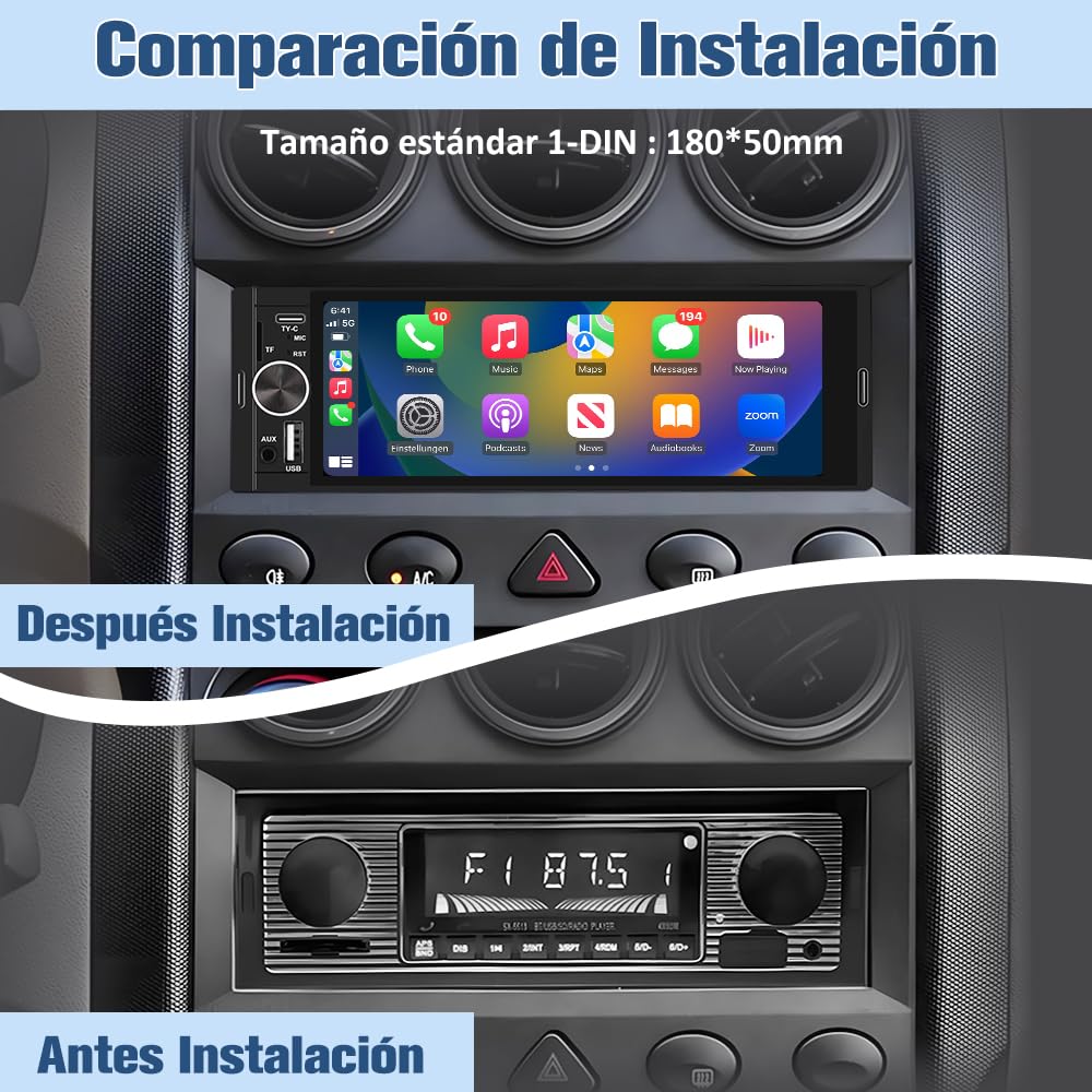 Radio de Coche 1 DIN Universal con Carplay y Android Auto Inalámbrico,Autoradio 1 DIN con Pantalla Táctil de 6.36 Pulgadas y Cámara Trasera, Admite Bluetooth/Mandos Volante/FM/USB/TF