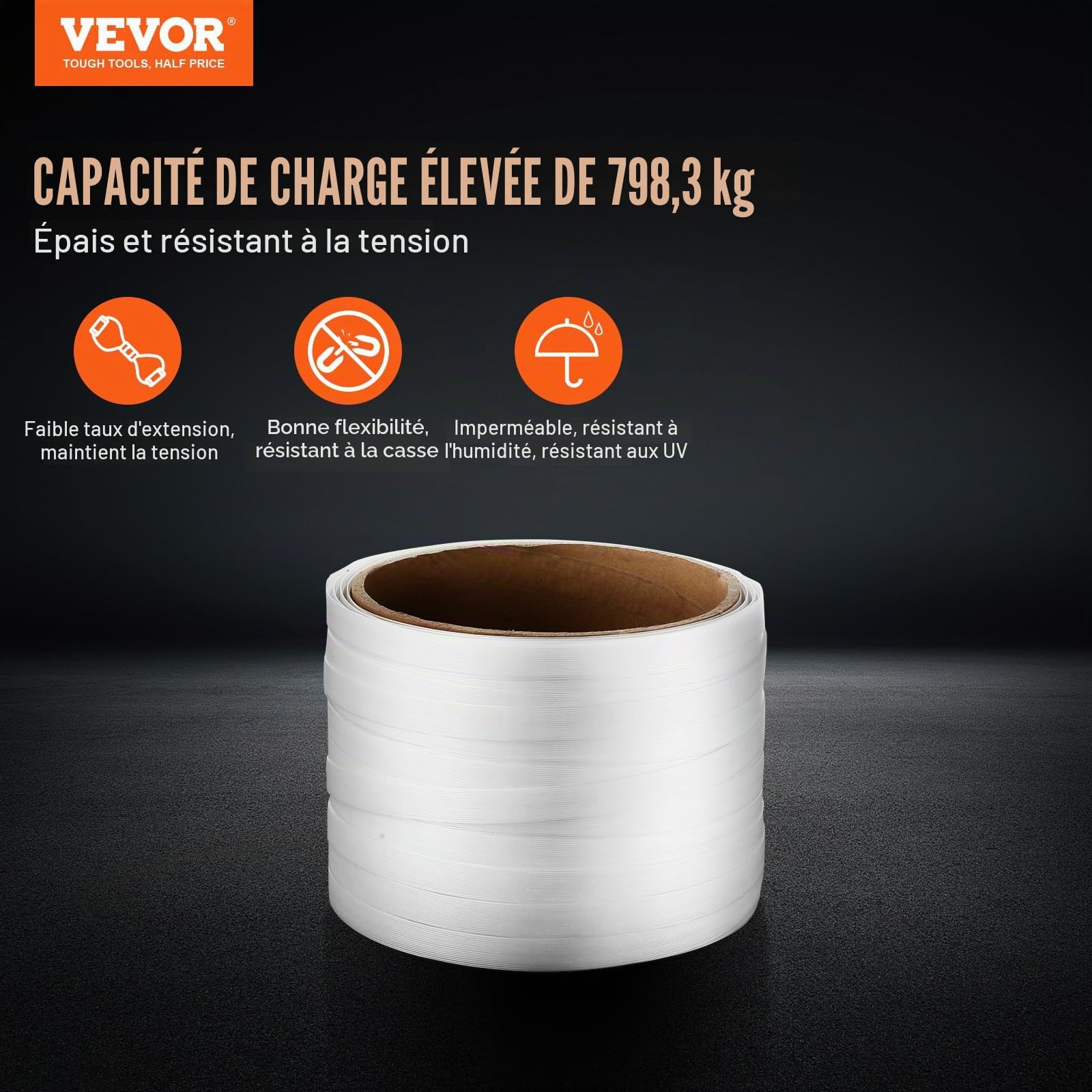 VEVOR Rouleau de cerclage en sangle tissée pour emballage, 100 m x 19 mm x 0,9 mm, bobine de cerclage robuste pour palettes, haute résistance 800 kg, feuillard de cerclage tressé portable, blanc