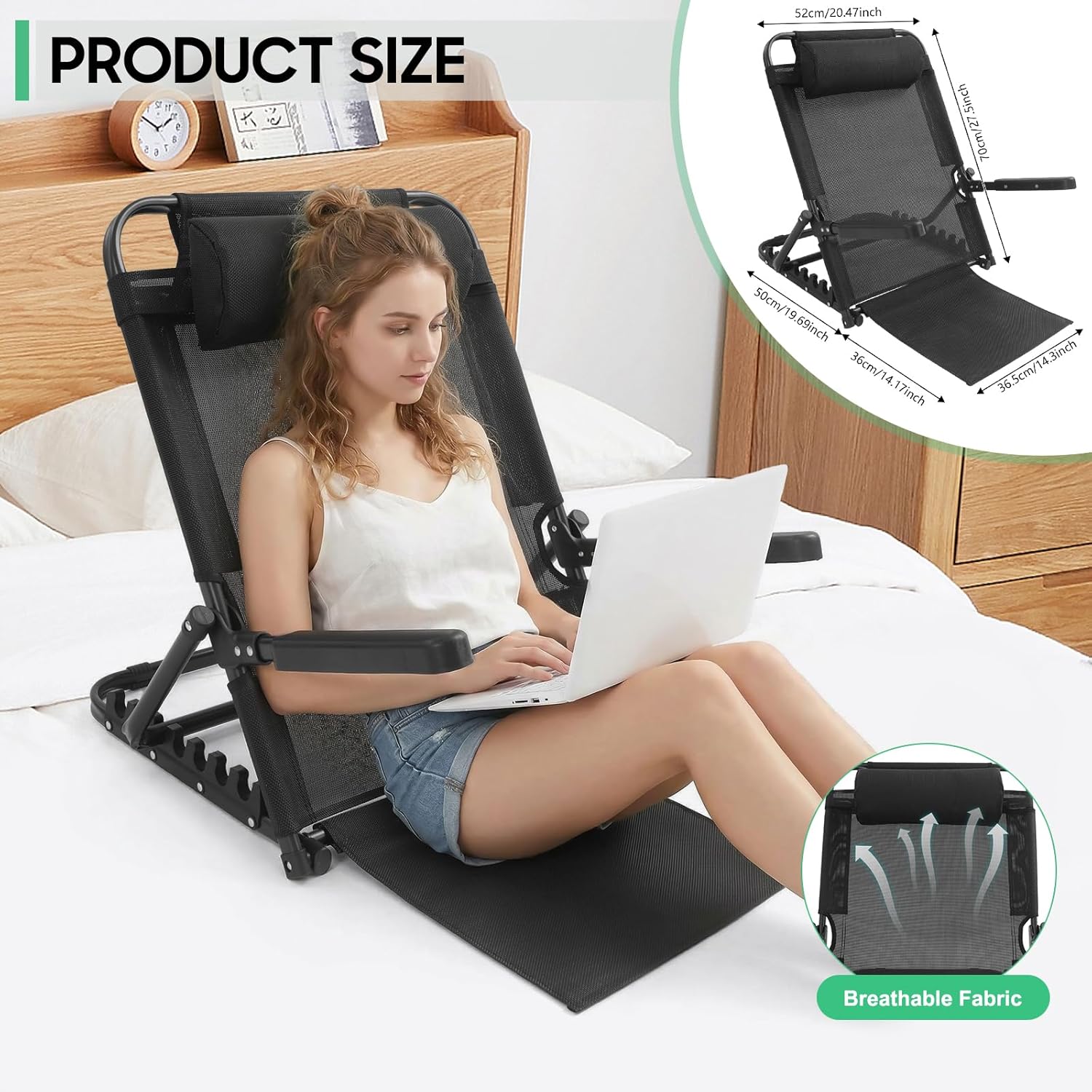 Adjustable Lifting Bed Backrest with Armrest, Large Folding Bed Rest Sitting up 8 Levels 40°- Approaching 90°, Multifunction Portable Backrest Support with Pillow for Neck Head (Black)